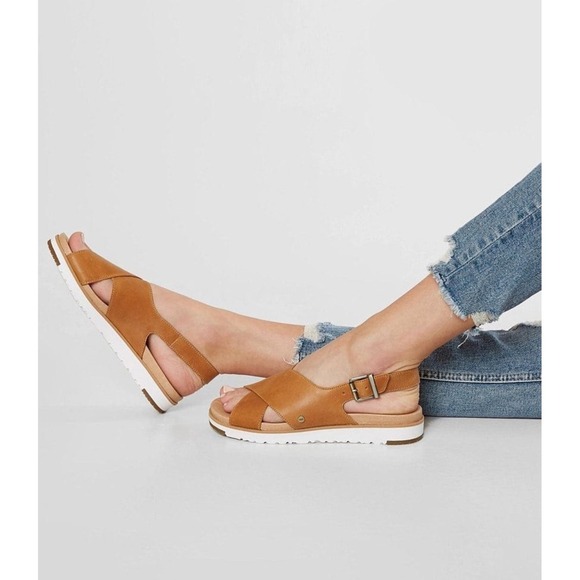 UGG Tan Leather Cross Strap Adjustable Buckle White Sole Sandals - Picture 2 of 10